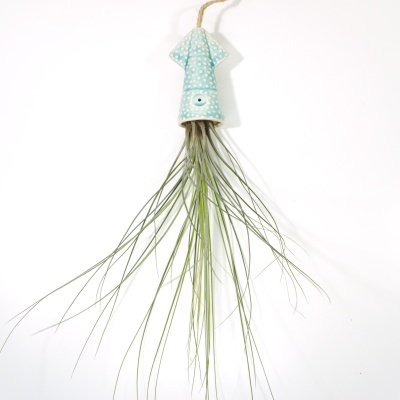 Vaso suspenso em cerâmica azul claro com planta de folhas longas verdes