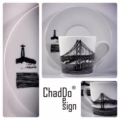 Colagem de imagens de uma chávena de café e pires de porcelana branca da coleção de Lisboa