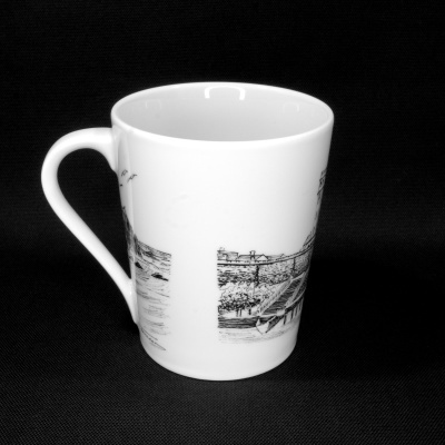 Caneca de cerâmica branca com ilustrações em preto