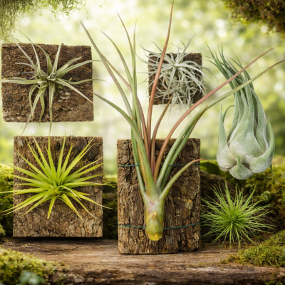 Plantas aéreas verdes em blocos de cortiça rústica num ambiente natural