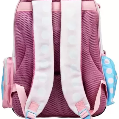 Mochila rosa com alças acolchoadas e bolsos laterais com bolinhas brancas