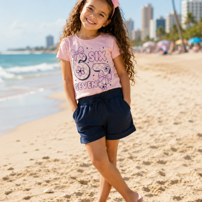 Camisola rosa com estampado numérico e calções azuis numa criança na praia
