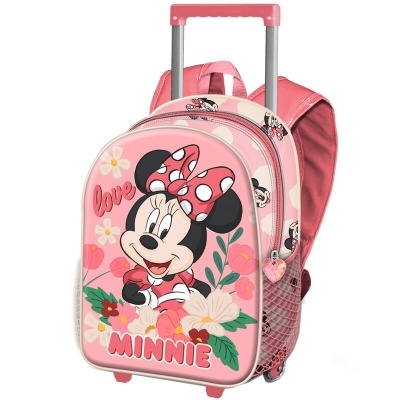 mochila de rodinhas rosa com estampa da Minnie e flores