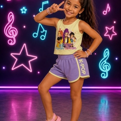 Menina com roupa K-POP em fundo neon colorido