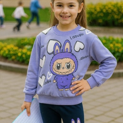 Menina com roupa casual colorida a sorrir, acessórios e cenário exterior
