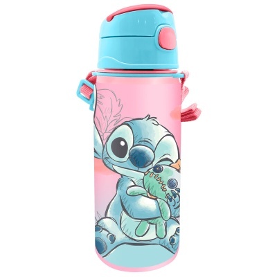 Garrafa infantil rosa e azul com personagem Stitch segurando boneco