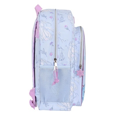 Mochila infantil azul clara com padrão de fadas, fechos rosa com puxadores em flor