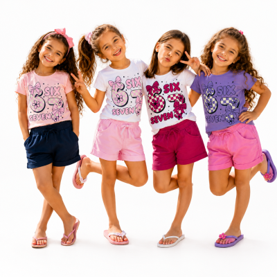 Quatro meninas vestem t-shirts coloridas com texto e desenhos florais, calções curtos e chinelos com flores.