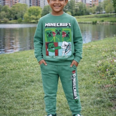 Menino sorridente vestido com fato de treino verde do Minecraft junto a lago e edifícios urbanos