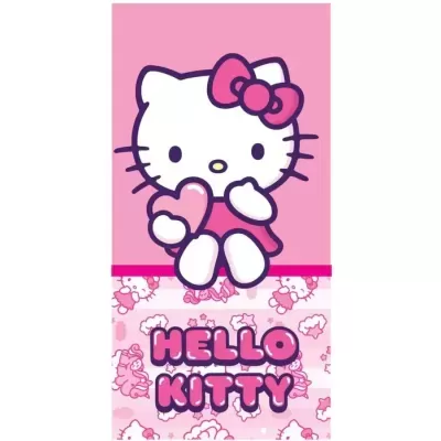 Toalha rosa com desenho Hello Kitty e texto Hello Kitty