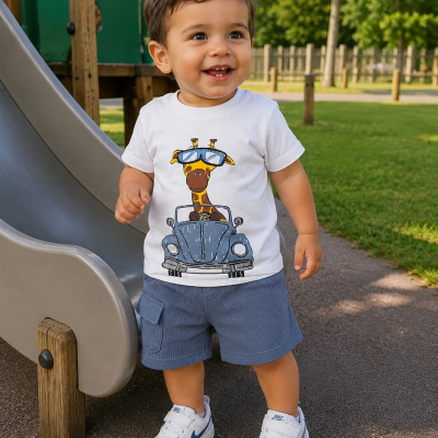Criança com camiseta branca estampada, calções azuis e sapatilhas Nike num parque ao lado de um escorrega metálico.
