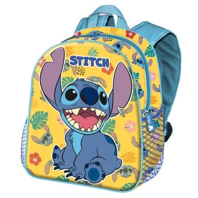 Mochila infantil amarela com personagem Stitch azul e alças azuis acolchoadas