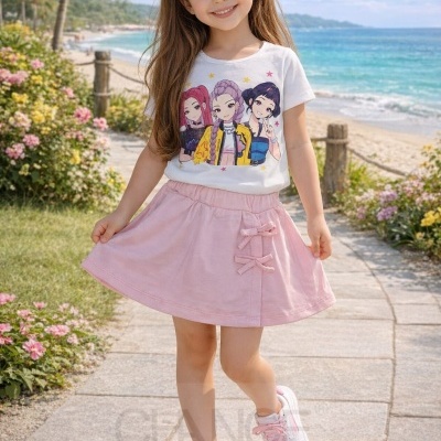 Menina com camisola branca estampada e saia rosa clara num passeio perto da praia