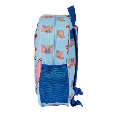 Mochila azul clara com padrão de elefantes Dumbo cor-de-rosa e amarelos vista de lado