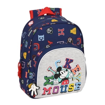 Mochila infantil azul com padrão de letras e imagem do Mickey Mouse