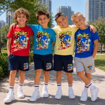 Quatro miúdos com t-shirts e calções estampados com personagens do Sonic em parque urbano