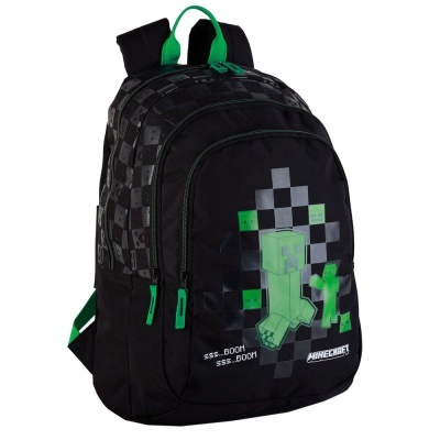 Mochila preta com padrão de quadrados cinza e verde e personagens Minecraft