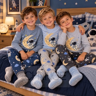 Três meninos com pijamas estampados de astronauta e lua sentados numa cama num quarto com decoração espacial.