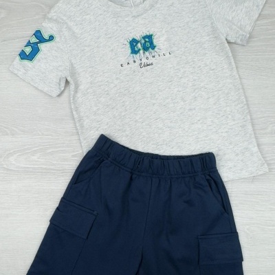 Conjunto infantil de t-shirt cinza clara e calções azul escuro