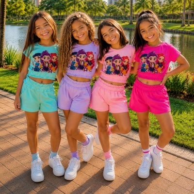 Quatro meninas com conjuntos coloridos de camisetas e calções e ténis brancos ao ar livre junto a lago.