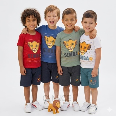 Quatro crianças com t-shirts coloridas do Simba e calções, com figura de leão no chão