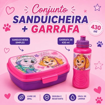 Conjunto sanduicheira simples e garrafa Paw Patrol rosa e roxo
