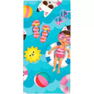 Toalha de praia azul com padrão ilustrado de criança, boias, chinelos, sol e cão