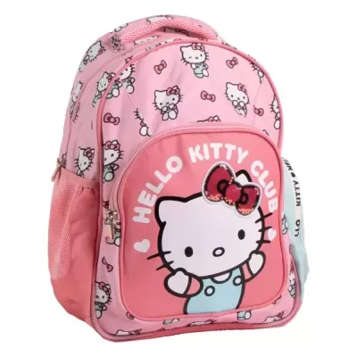 Mochila infantil rosa Hello Kitty com bolso frontal e padrão da personagem