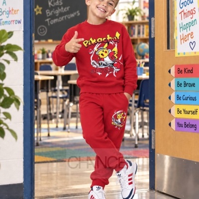 Menino com roupa vermelha de Pikachu em porta de sala de aula com cartazes coloridos