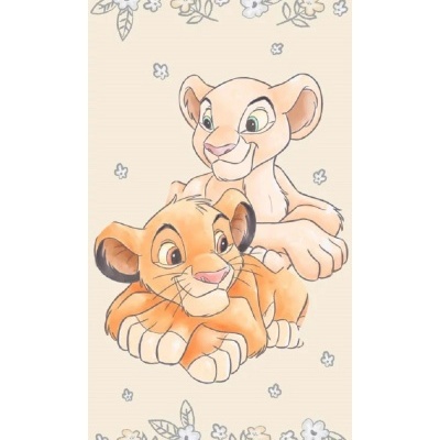 Toalha bege com desenho de dois leões jovens e flores
