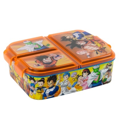 Caixa de plástico laranja com personagens de Dragon Ball