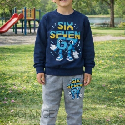 Menino sorridente em parque com roupa azul escuro e cinza com estampado de personagem e texto SIX SEVEN 67