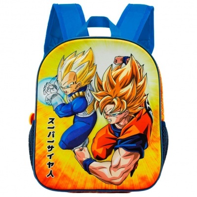 Mochila infantil azul com estampa de personagens Dragon Ball Z e texto japonês