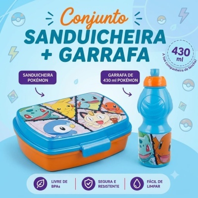 Conjunto sanduicheira e garrafa Pokémon azul e laranja com imagens de personagens