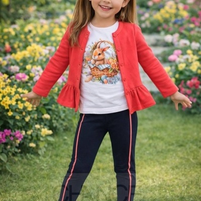 Menina sorridente com roupa casual colorida em jardim com flores variadas