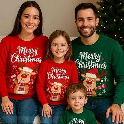 Família vestindo camisolas de Natal com rena e texto Merry Christmas sentados em sofá