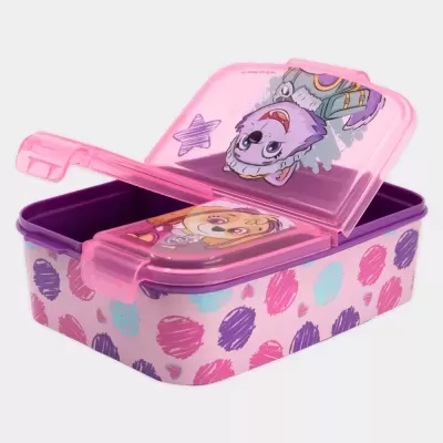 Lancheira infantil rosa com tampa transparente e personagens desenhados