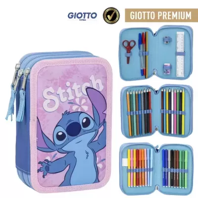 Estojo triplo Giotto Premium com personagem Stitch, lápis de cor, canetas, tesoura, régua, apontador e borracha organizados dentro.