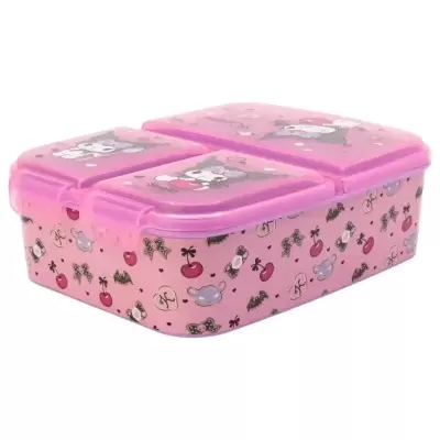 Estojo escolar rosa com compartimentos transparentes e estampas decorativas de personagens e frutas