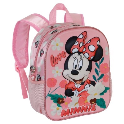Mochila rosa infantil com estampa da Minnie Mouse e flores
