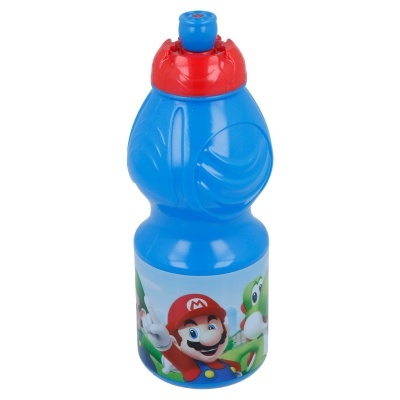 Garrafa de plástico azul com tampa vermelha e imagens do Mario e Yoshi