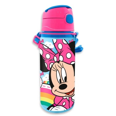 Garrafa infantil com desenho da Minnie Mouse e tampa rosa e azul