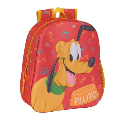 Mochila infantil vermelha com personagem Pluto e tigela com texto 'PLUTO'