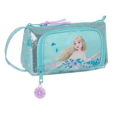 Necessaire azul turquesa com brilho e imagem da Elsa de Frozen