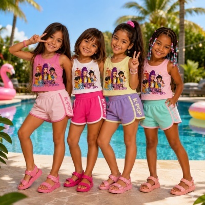 Quatro meninas com conjuntos de tshirts coloridas com estampados KPOP DEMON HUNTERS e calções desportivos, posando ao lado de uma piscina com palmeiras ao fundo.