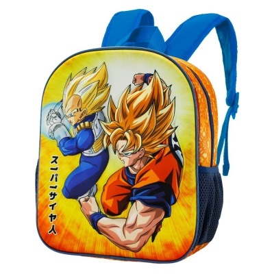Mochila infantil azul e laranja com estampa de personagens Dragon Ball