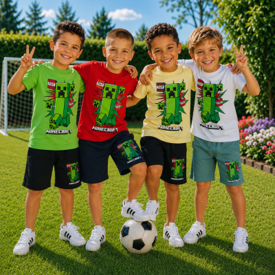 Quatro rapazes com roupa Minecraft num campo de futebol, t-shirts coloridas, calções pretos ou verdes, ténis brancos, sorridentes.