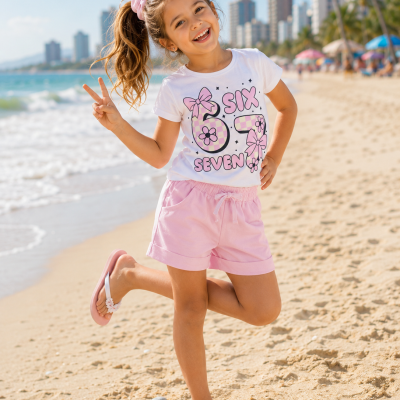 Camiseta branca para criança com estampado rosa e amarelo e calções rosa na praia