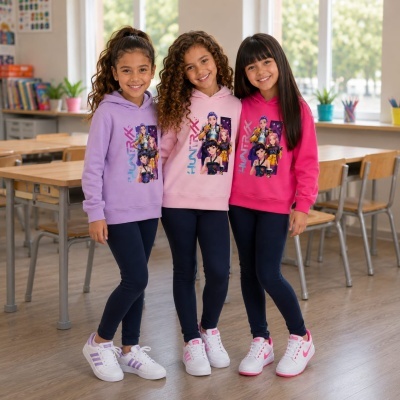 Três meninas usando camisolas com capuz HUNTRX de várias cores e leggings azuis.