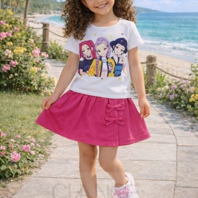 Menina com t-shirt branca estampada e saia rosa na passadeira perto da praia